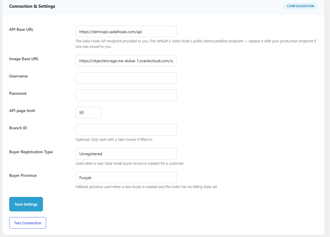 Sadahisab woocommerce plugin api connection settings